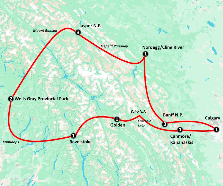 Camperrondreis Canada Canadian Rocky Mountains kaartje.jpg